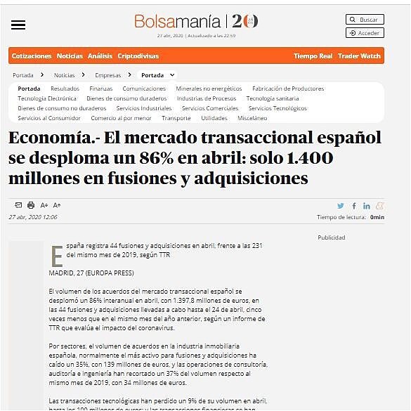El mercado transaccional espaol se desploma un 86% en abril: solo 1.400 millones en fusiones y adquisiciones